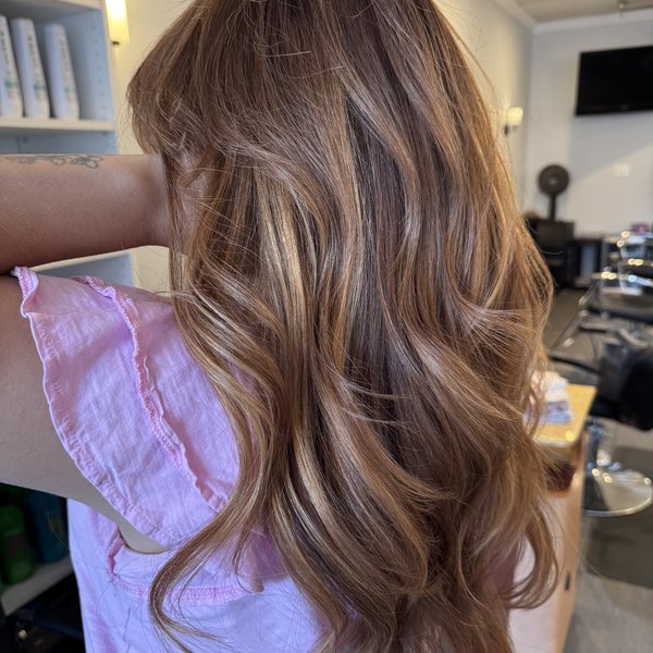 Warm balayage finish at Hair Xpressions in Fairfax