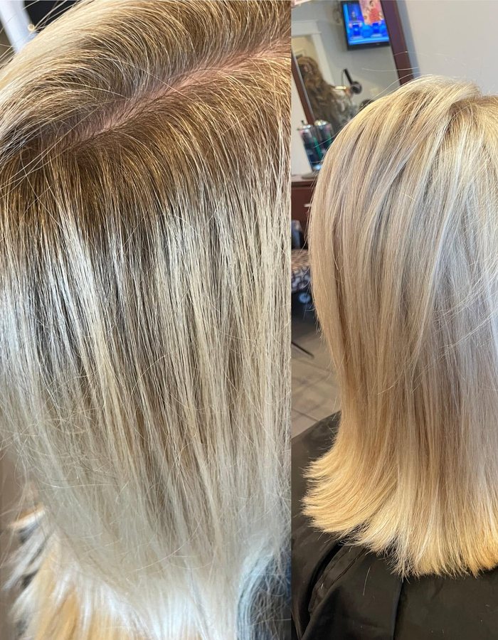 Blonde color and bright highlights at Hair Xpressions in Fairfax